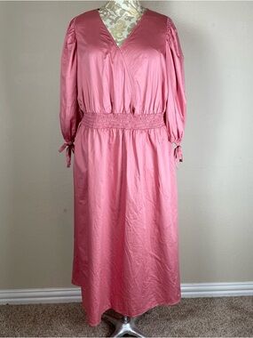 Women’s Pink Summer Casual Midi Dress V-Neck Smocked Beach Vacation Style Sz 18